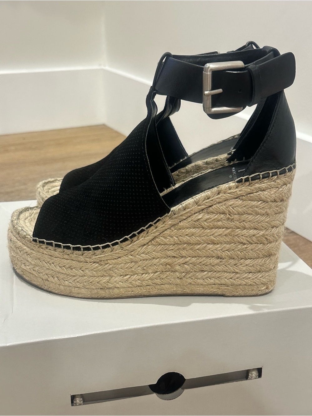 Marc Fisher Black Espadrille Platform Wedge Sandals with Ankle Strap